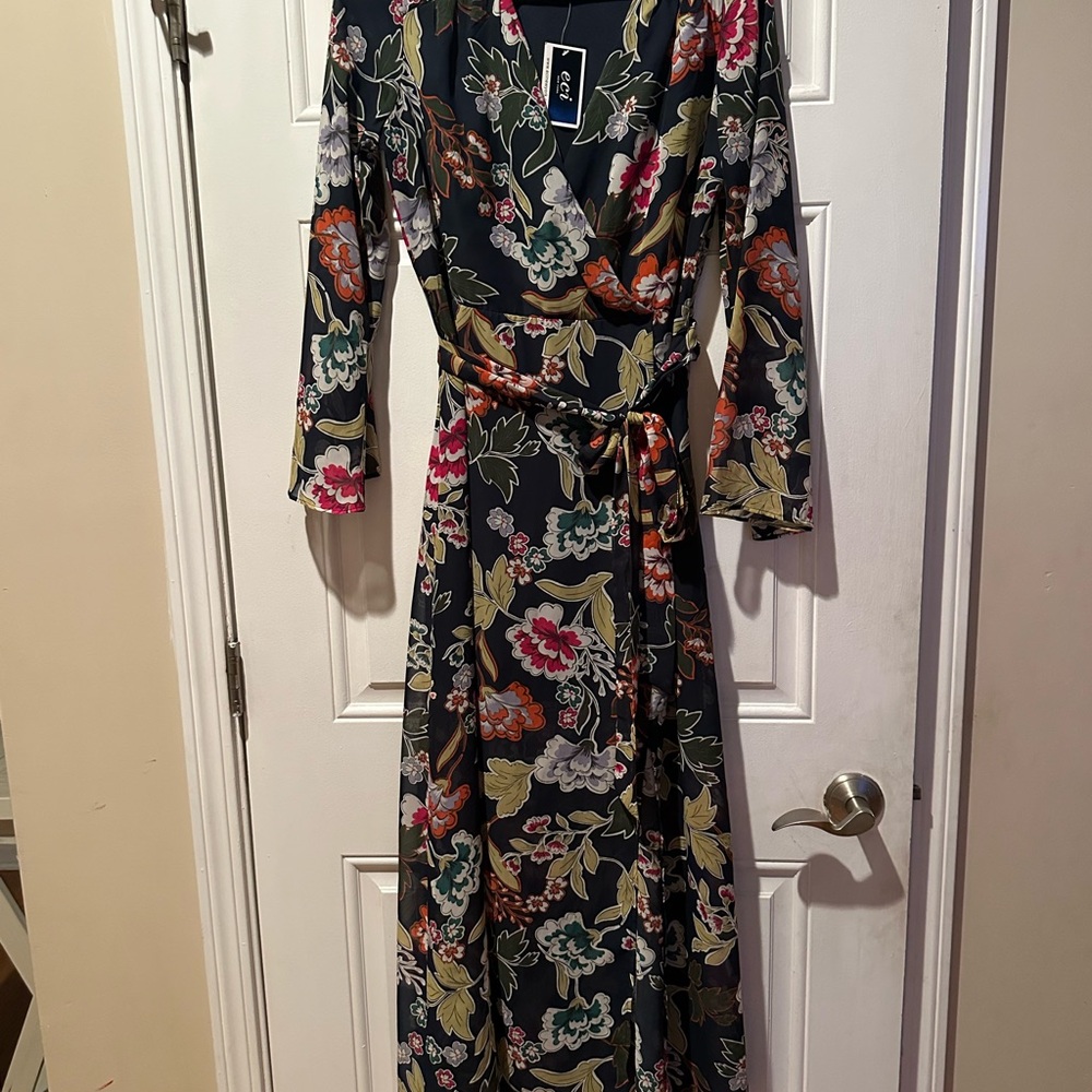 ECI Pink and Green Floral Maxi Dress with Bishop Sleeves Size 6 New
